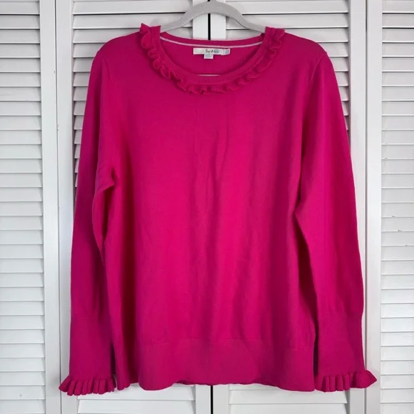 Boden Bernadette Wool Cotton Blend Ruffle Trim Crew Neck Sweater Fuchsia Pink 16 - Picture 2 of 9